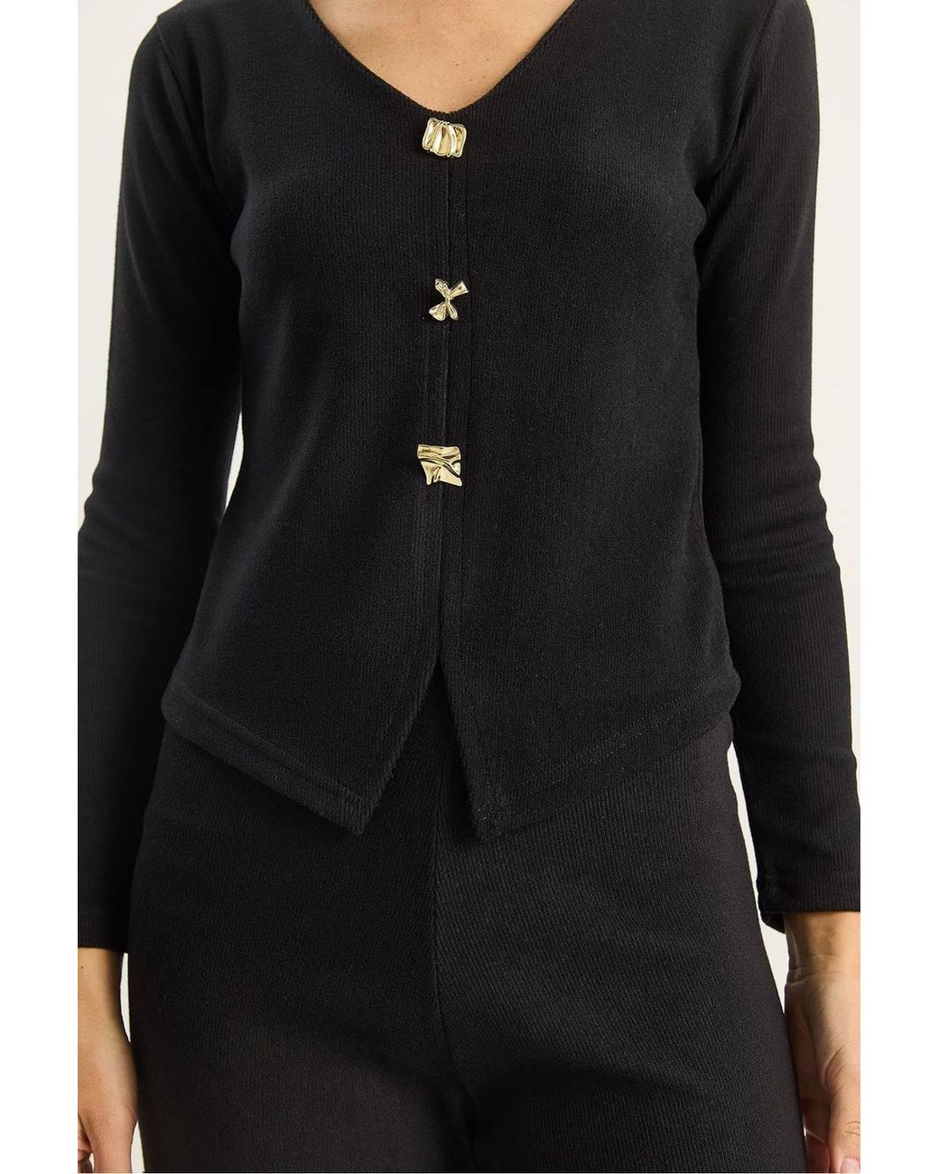Bianco Lucci Black V-Neck Knitted Wide Leg Two-Piece Set