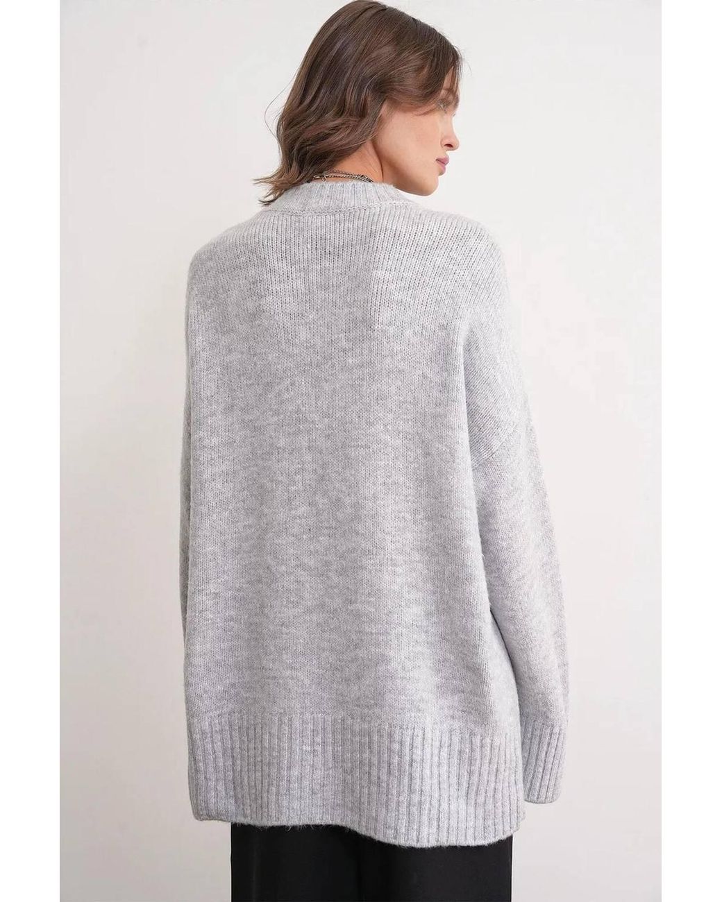 MixRay Gray Oversized Ribbed Knit Sweater With Crew Neck