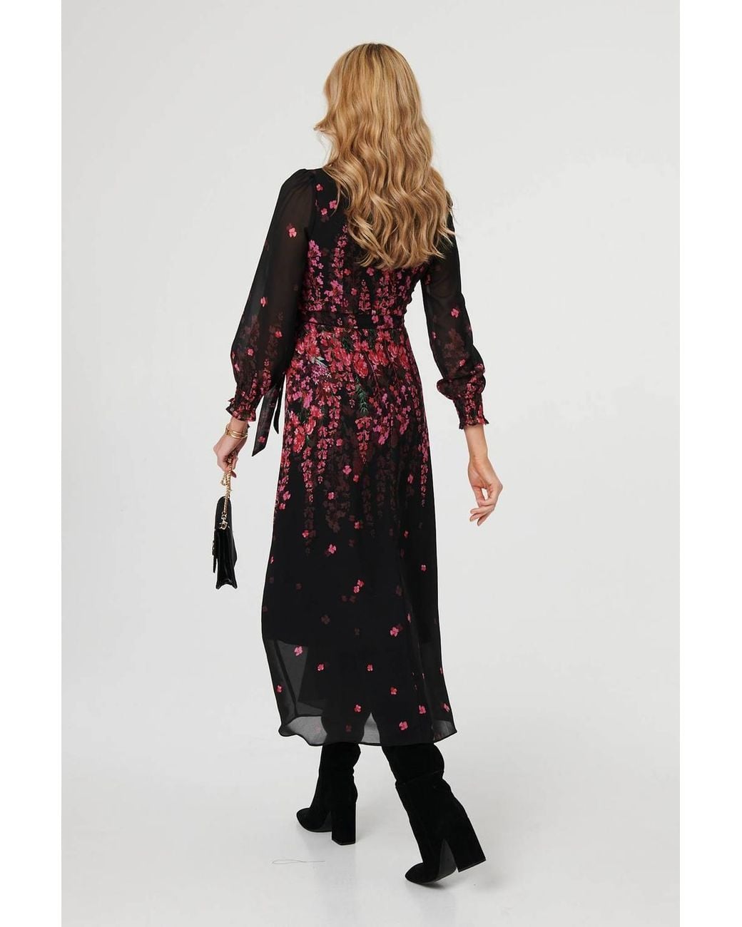 Izabel London Black Floral Tie Waist Sheer Layer Maxi Dress