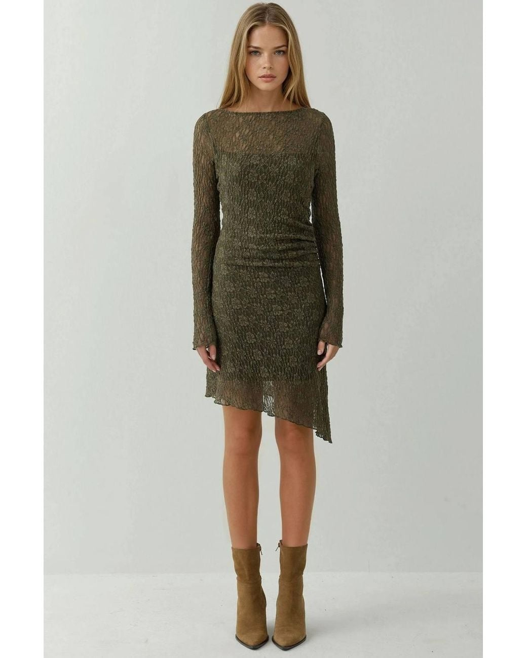 Hiccup Green Asymmetric Lace Mini Dress With Boat Neck