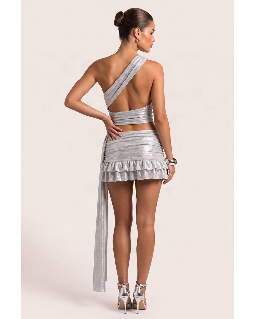 Rebellious Fashion Natural Jada Metallic Asymmetric Draped Ruffle Skirt Co-Ord Set