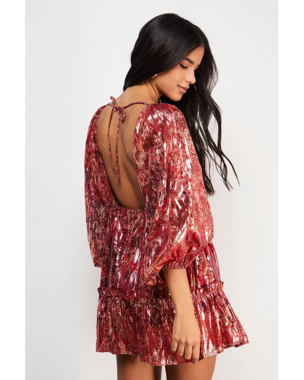 Warehouse Red Metallic Jacquard Volume Sleeve Mini Dress