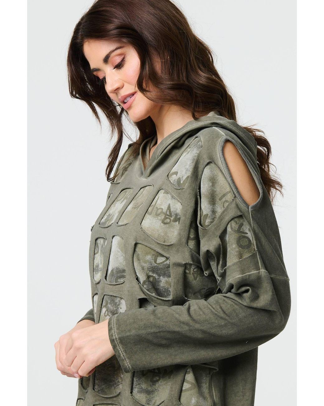 Izabel London Green Graphic Print Cut Out Layer Hoodie