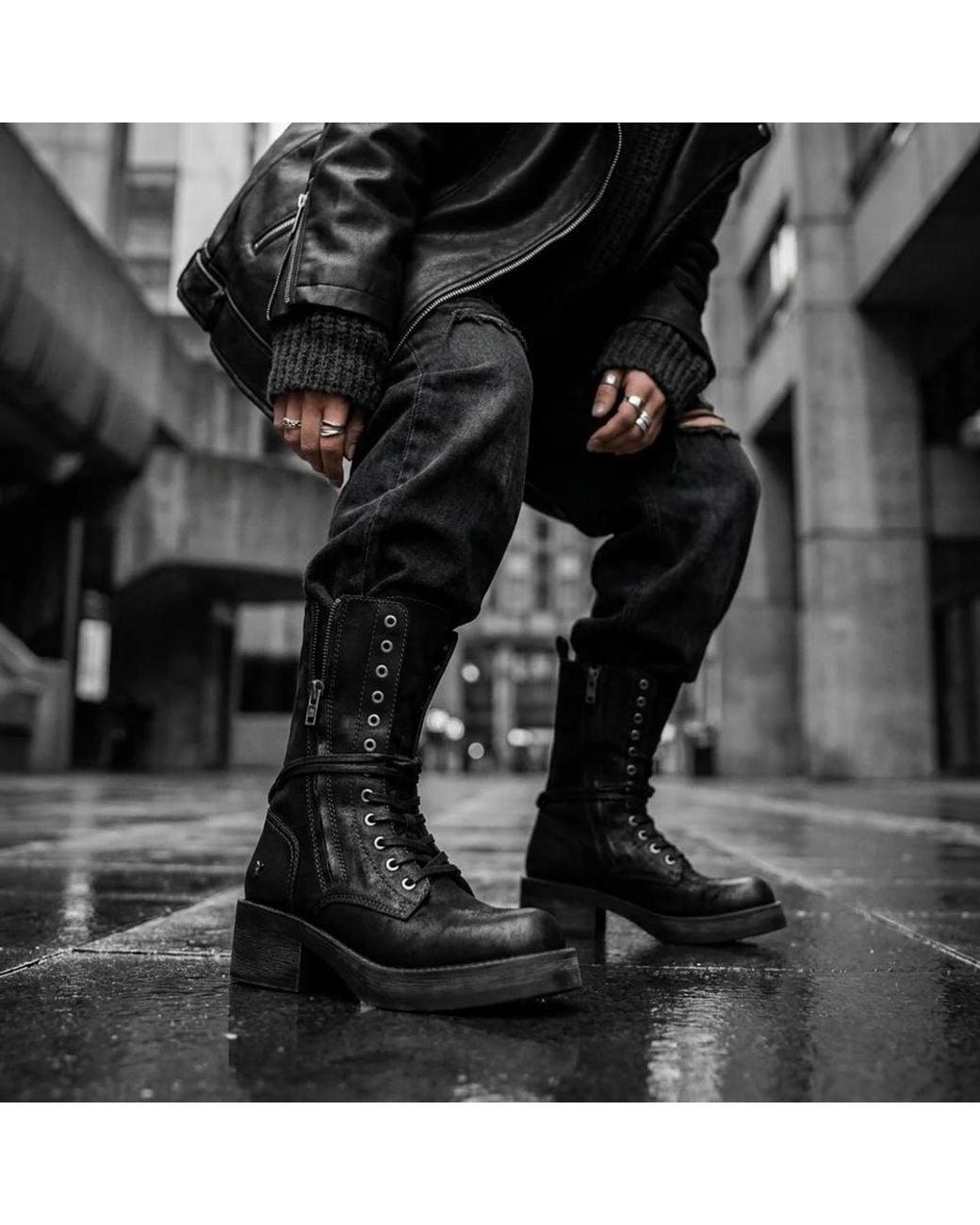 TruClothing Black Suede Combat Boots Mid-Calf Lace-Up Biker Shoes