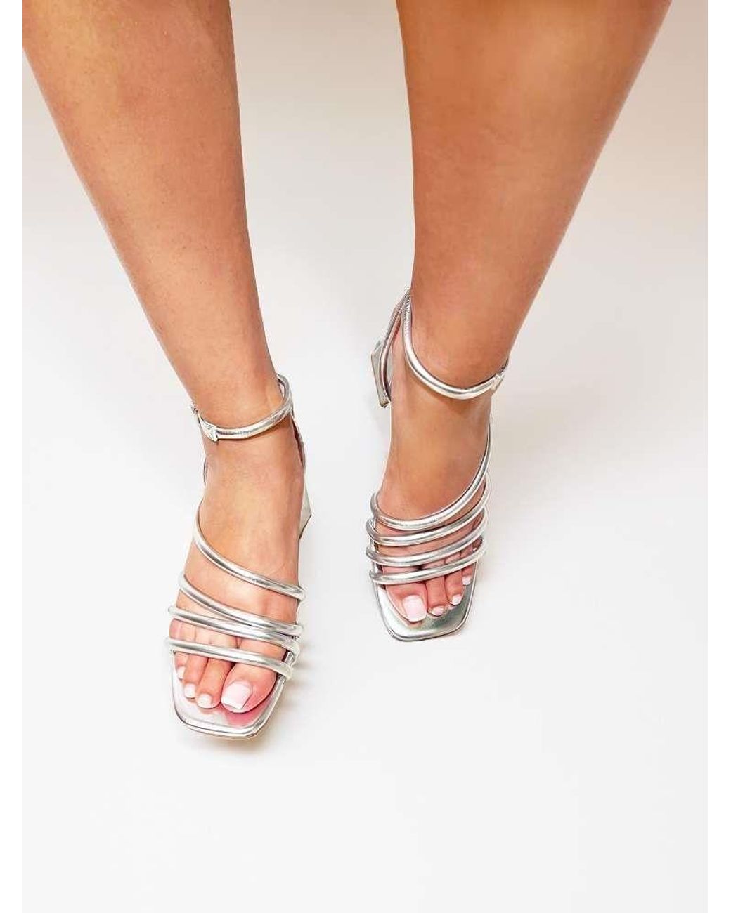 Miss Diva White Milena Square Toe Strappy Block Heel Sandals