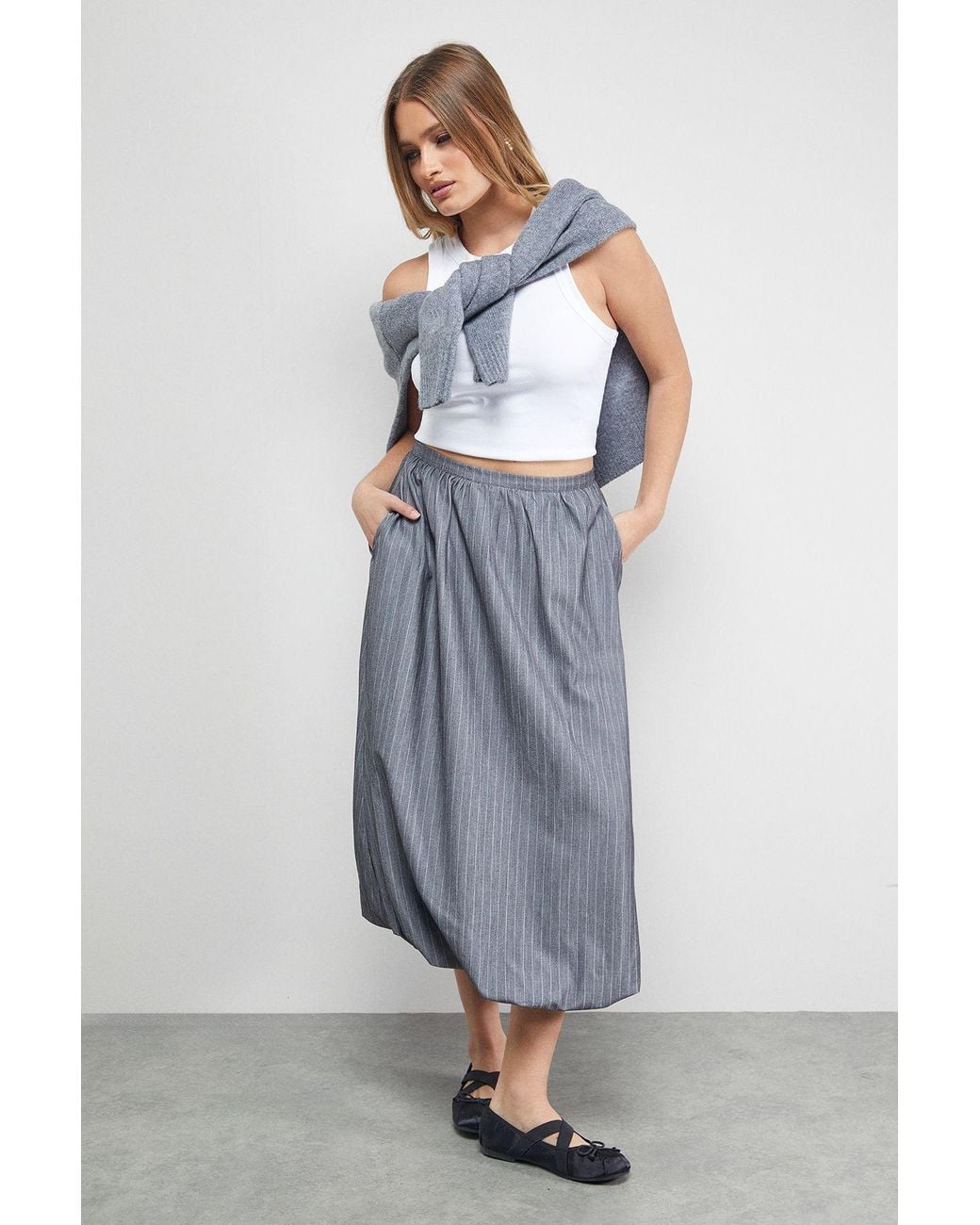 Warehouse Blue Pinstripe Bubble Hem Midi Skirt