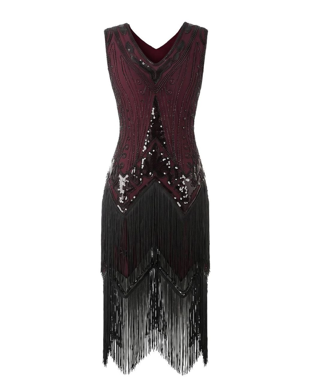 MODISHION Purple 1920S Art Deco V-Neck Flapper Dress With Double-Tier Fringe