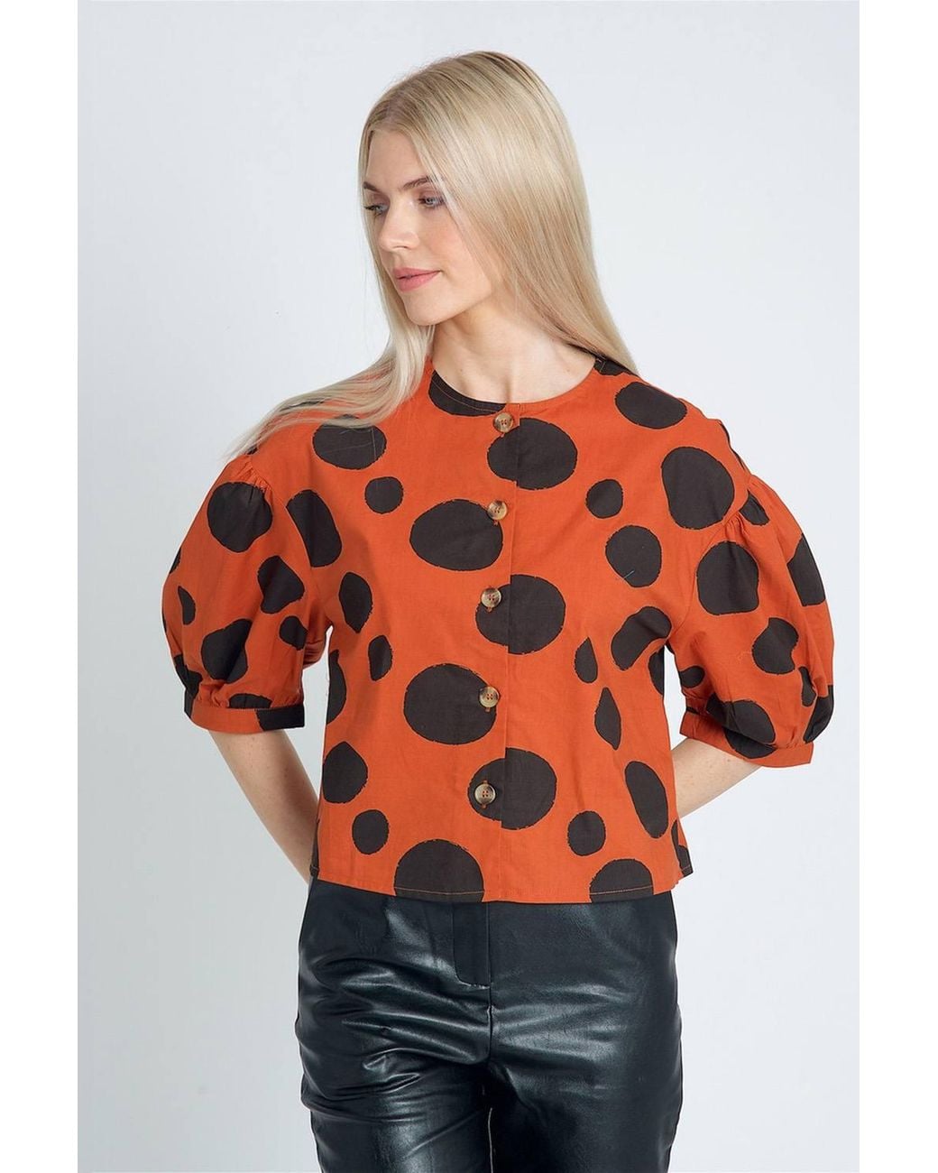 Native Youth Red Polka-Dot Printed Button-Up Puff Sleeve Blouse