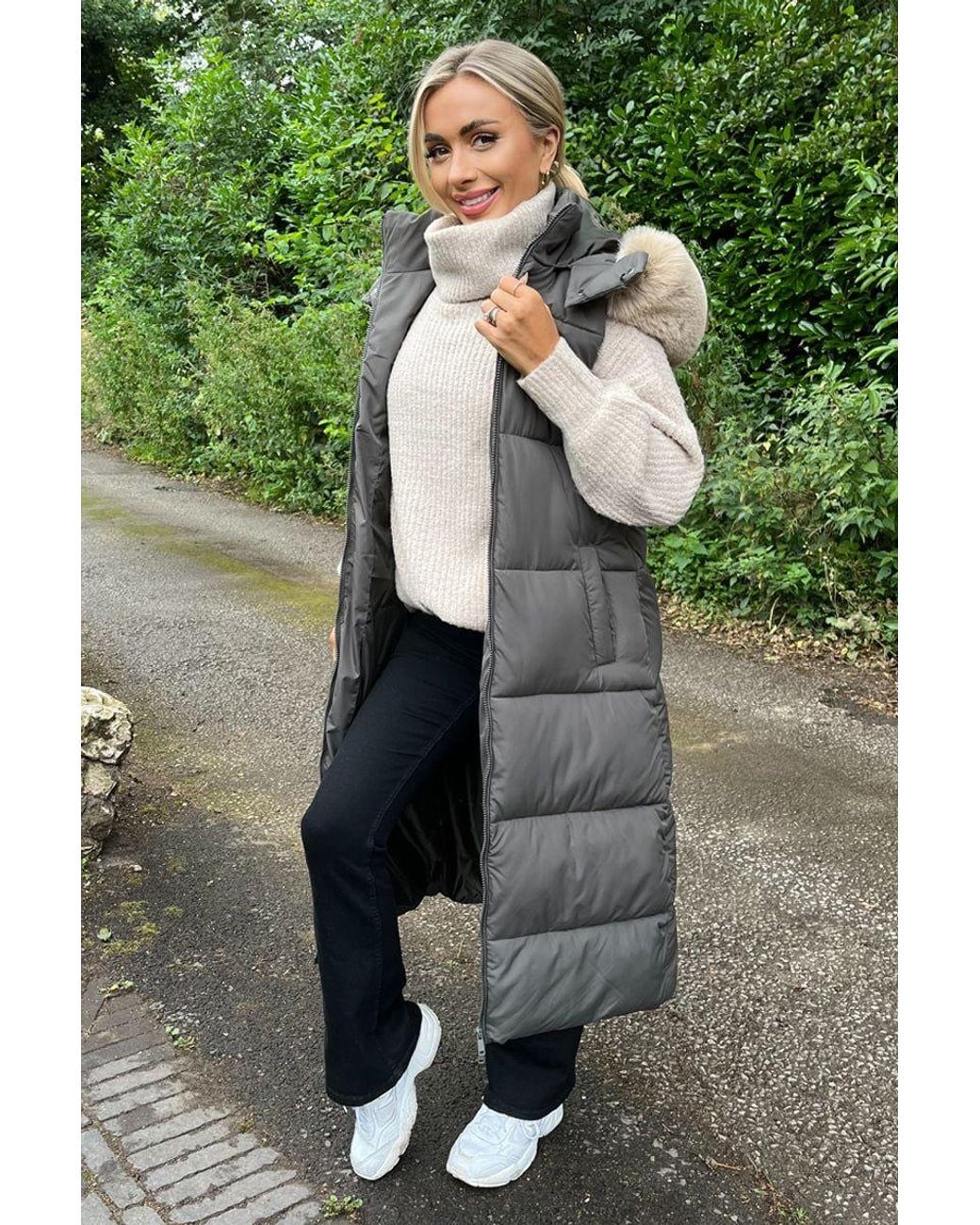 AX Paris Green Faux Fur Hooded Longline Padded Gilet