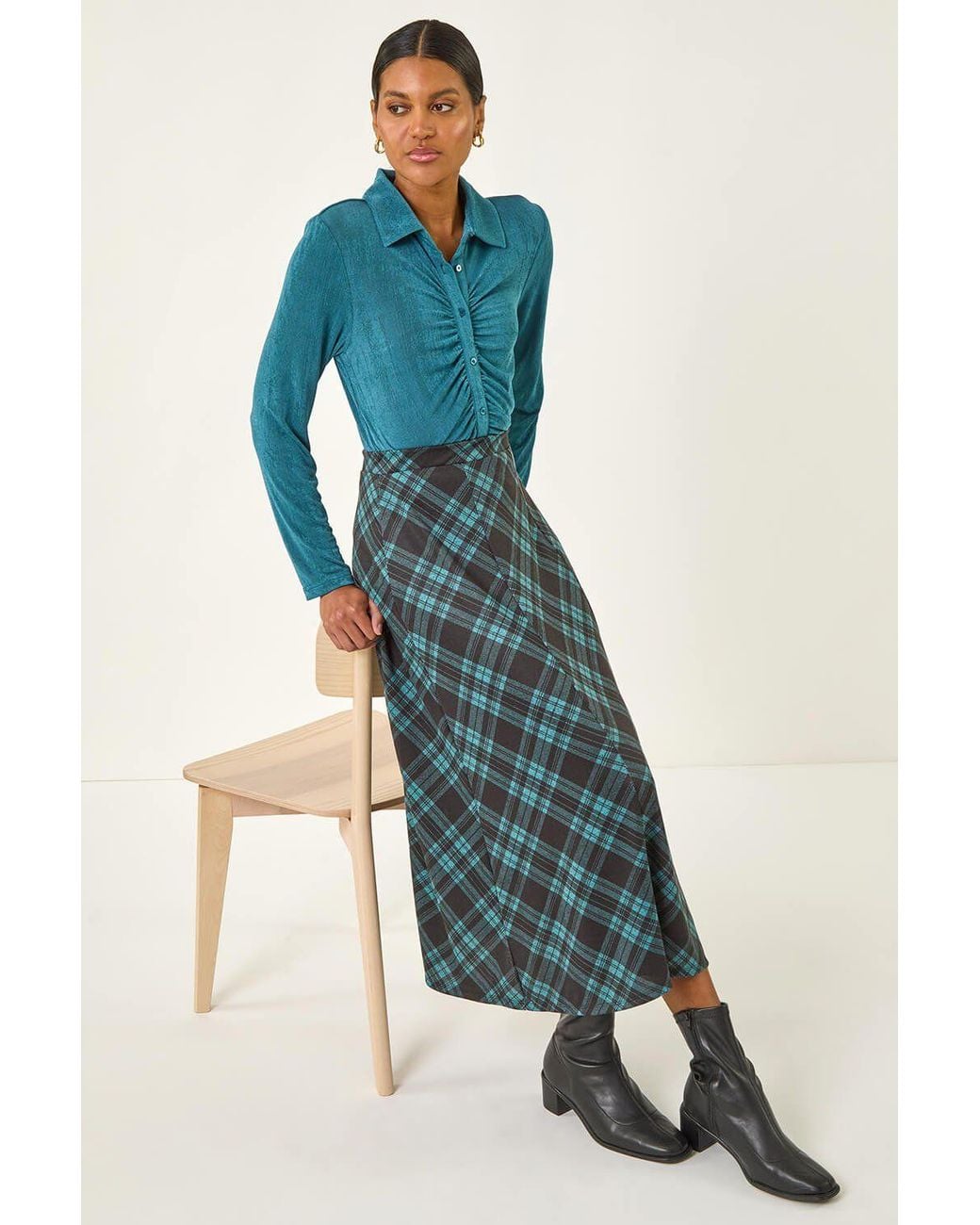 Roman Blue Panelled Check Midi Skirt