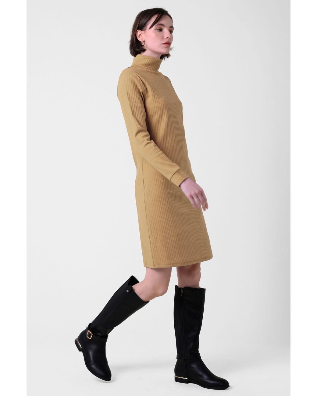 Enorsia Natural Ribbed Roll Neck Long Sleeve Mini Dress