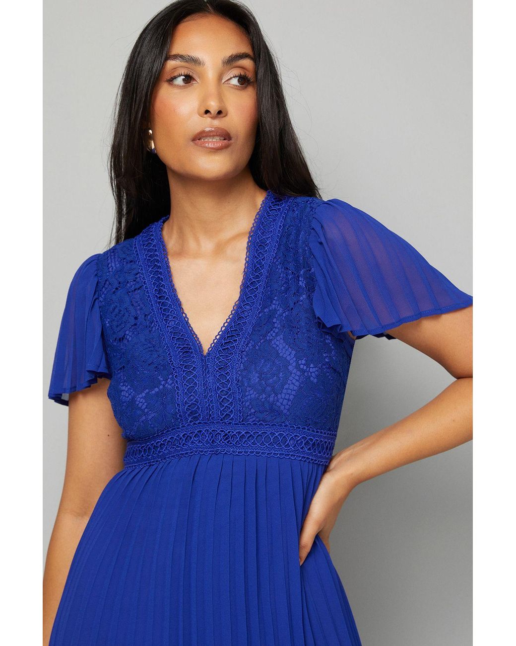 Wallis Blue Petite Lace Pleated Skirt Midi Dress