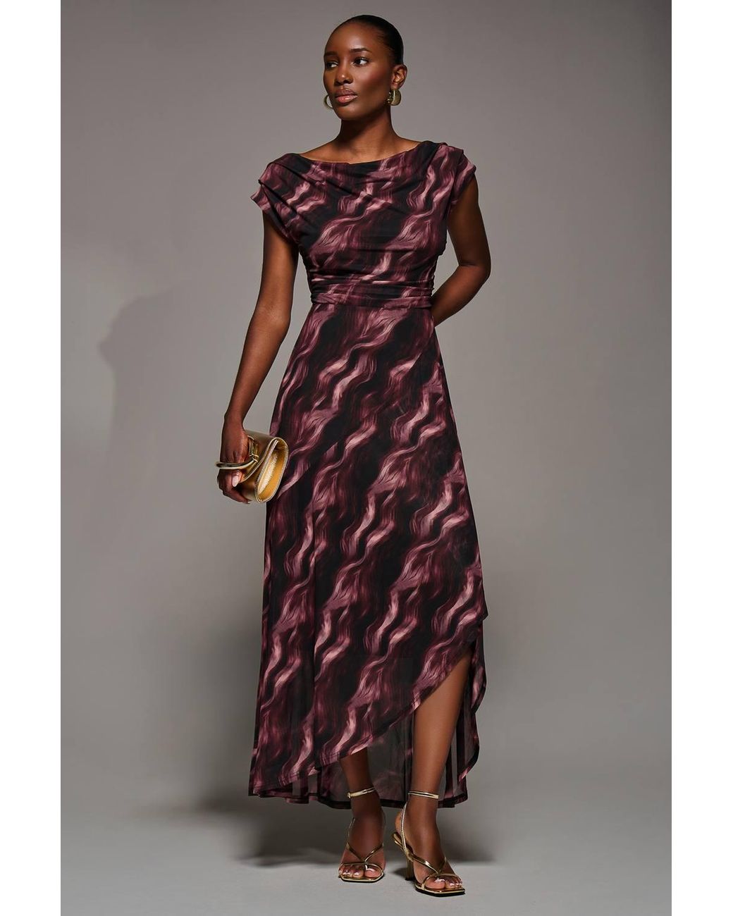 Jolie Moi Brown Asymmetric Draped Mesh Maxi Dress