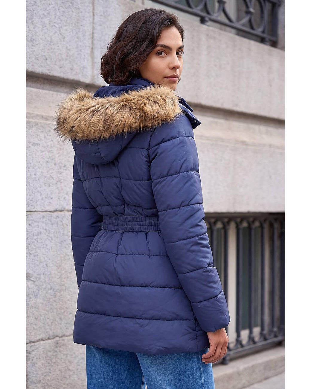 Roman Blue Faux Fur Padded Belt Coat