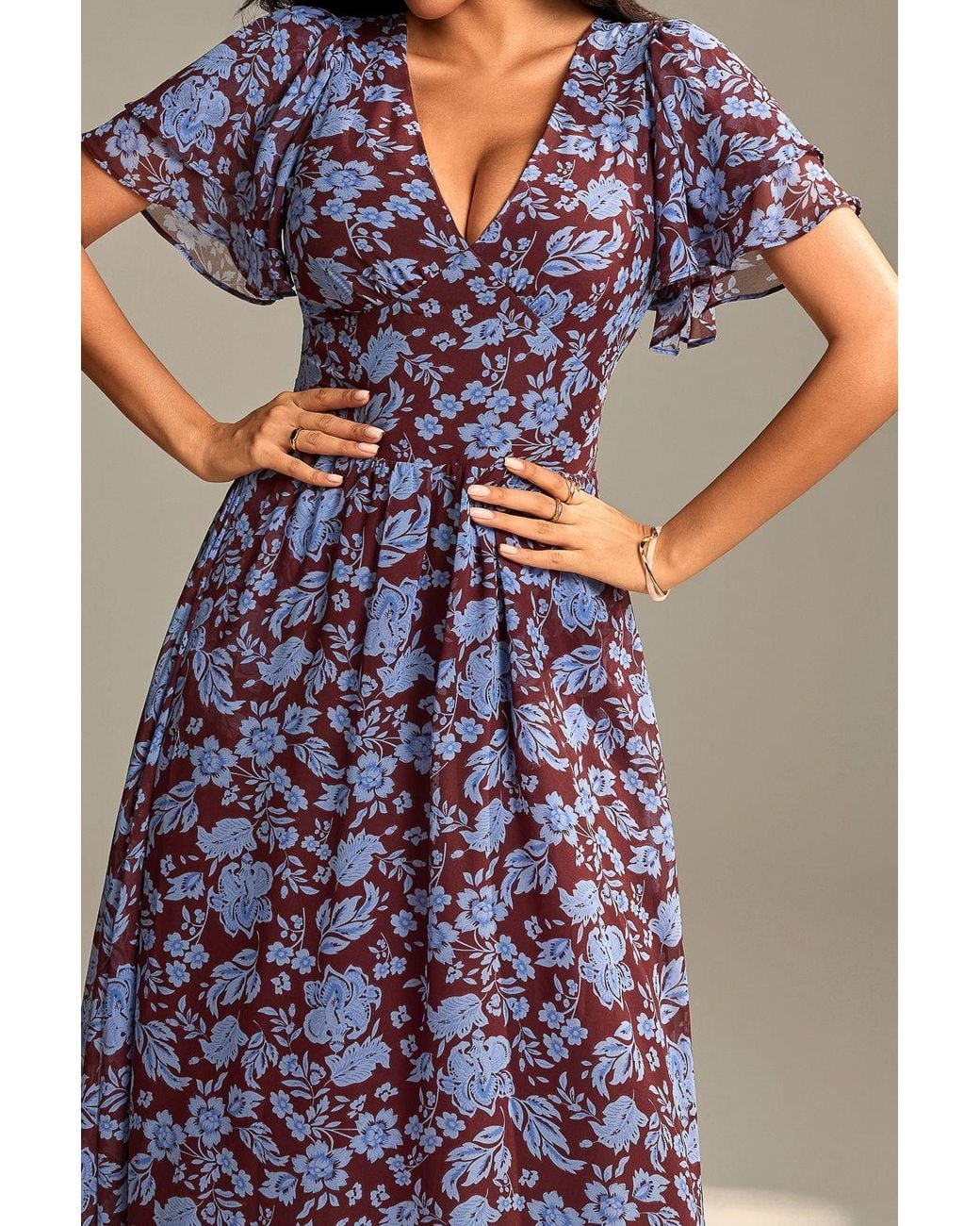 Jolie Moi Blue Layered Angel Sleeved Chiffon Maxi Dress