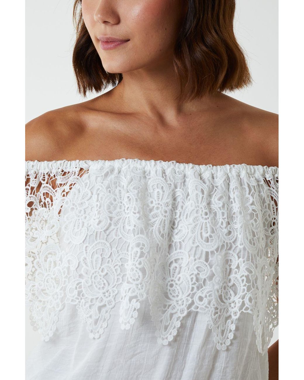 Blue Vanilla White Crochet Lace Puffball Top