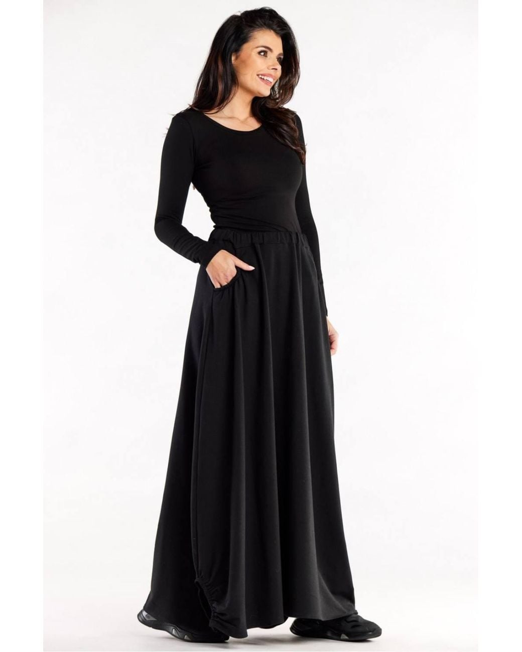 Love Lace Black Trapeze Long Skirt With Pockets Elastic Waist