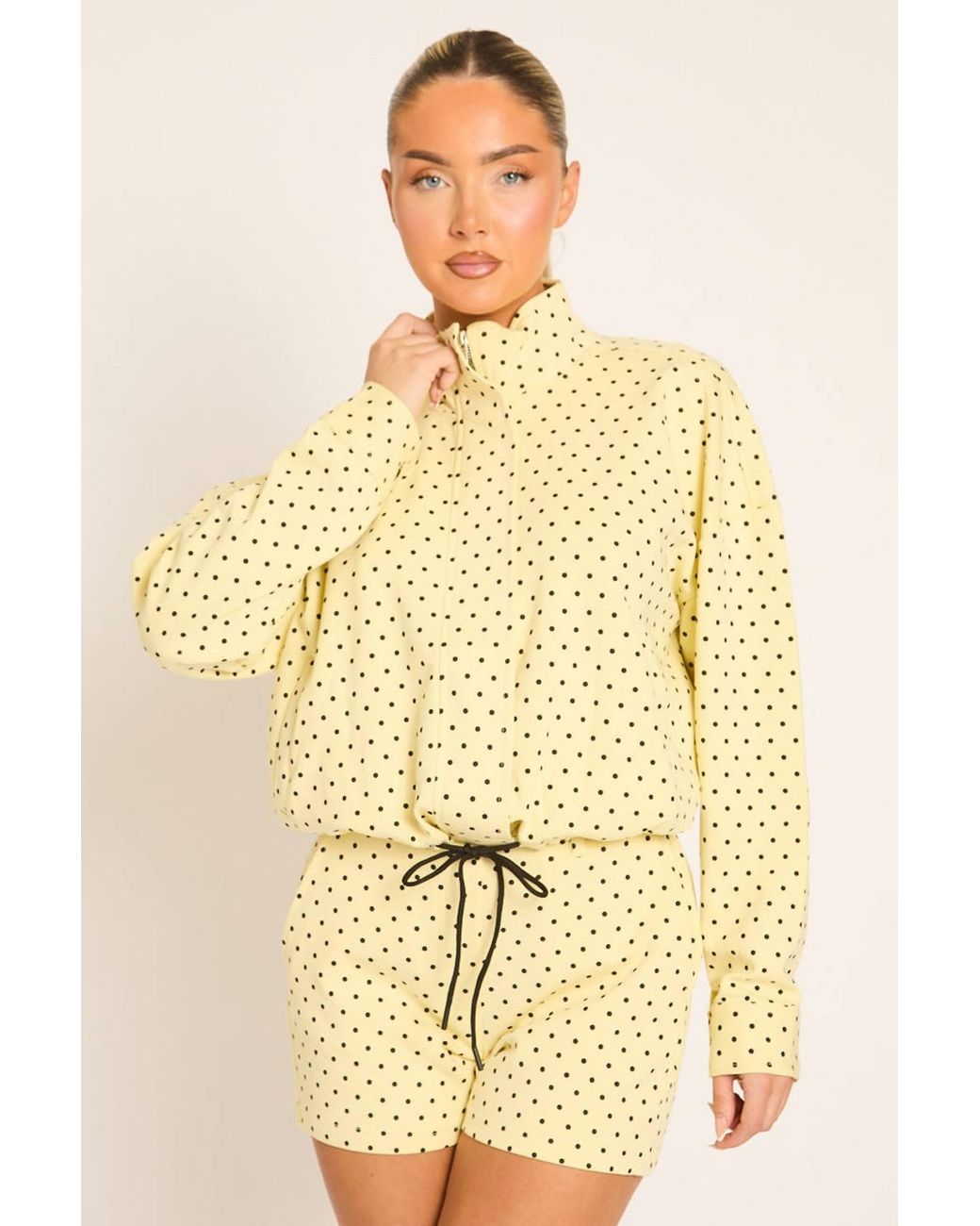 Rebellious Fashion Yellow High Neck Zip Up Jacket & Shorts Co-Ord Set