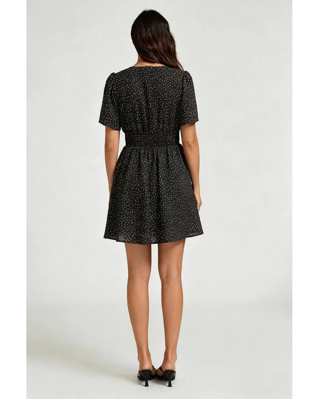 FS Collection Black Polka Dot V-Neck Mini Dress With Shirred Waist