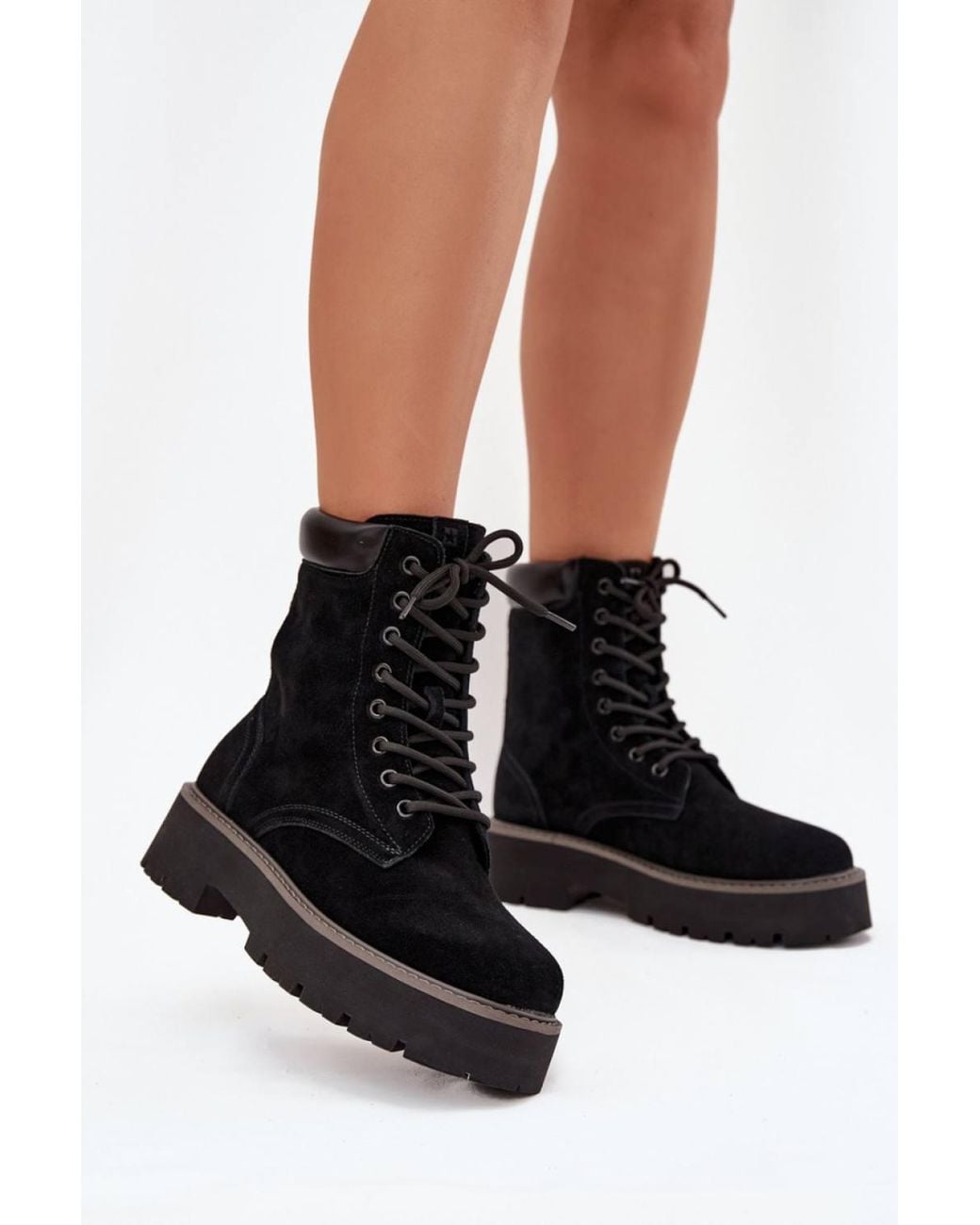 Love Lace Black Platform Lace-Up Suede Worker Boots With Star Motif