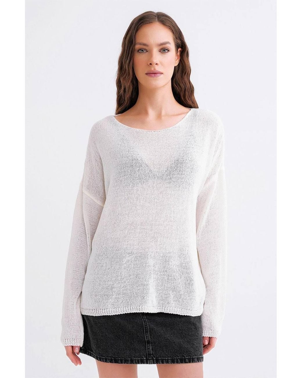 MixRay White Oversized Boat Neck Knit Sweater