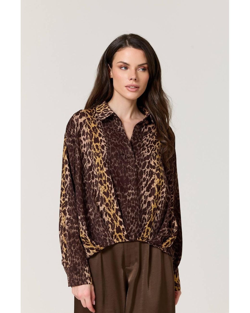 Liquorish Brown Mixed Animal Print Satin Shirt