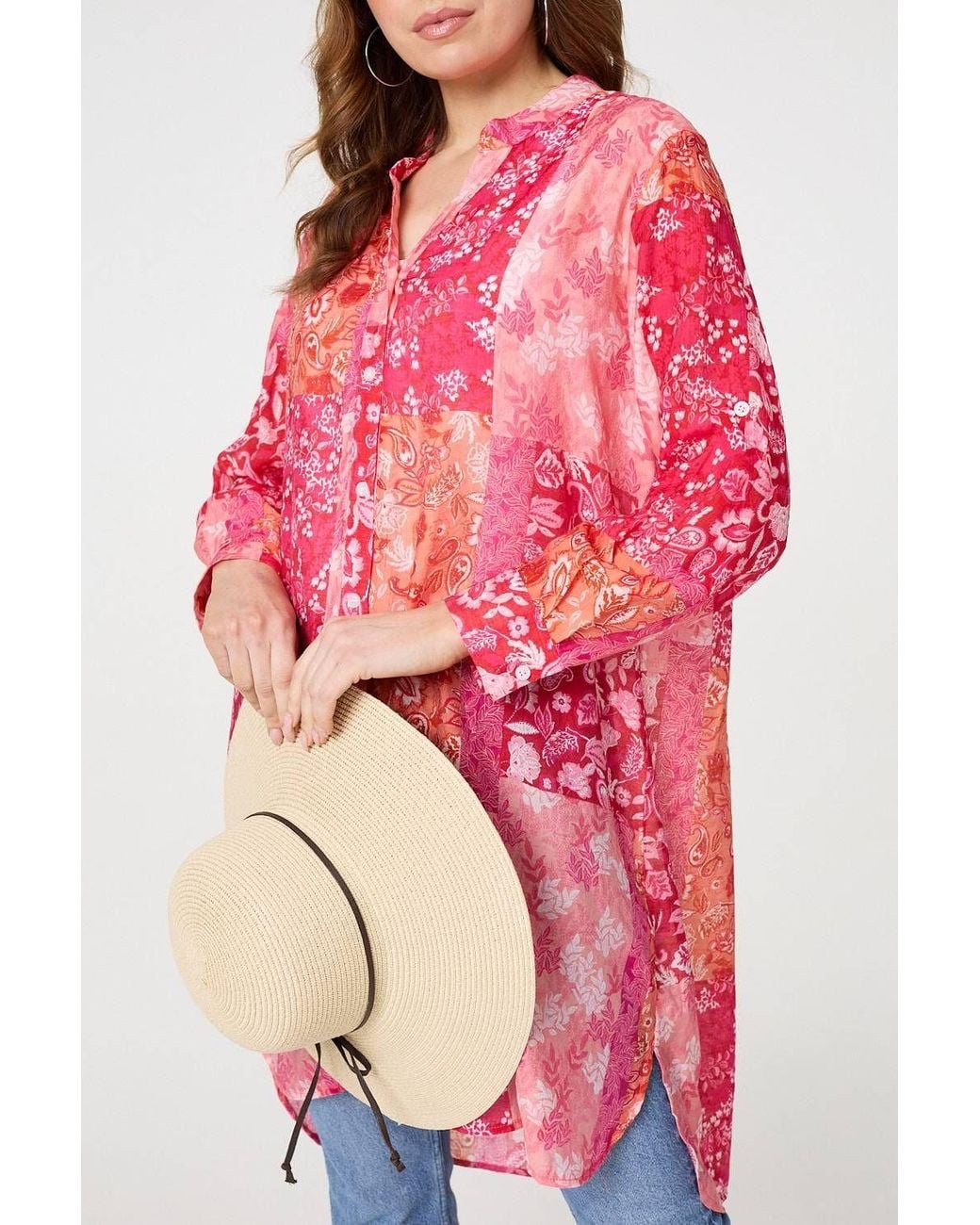 Izabel London Red Patchwork Print Semi Sheer Longline Shirt