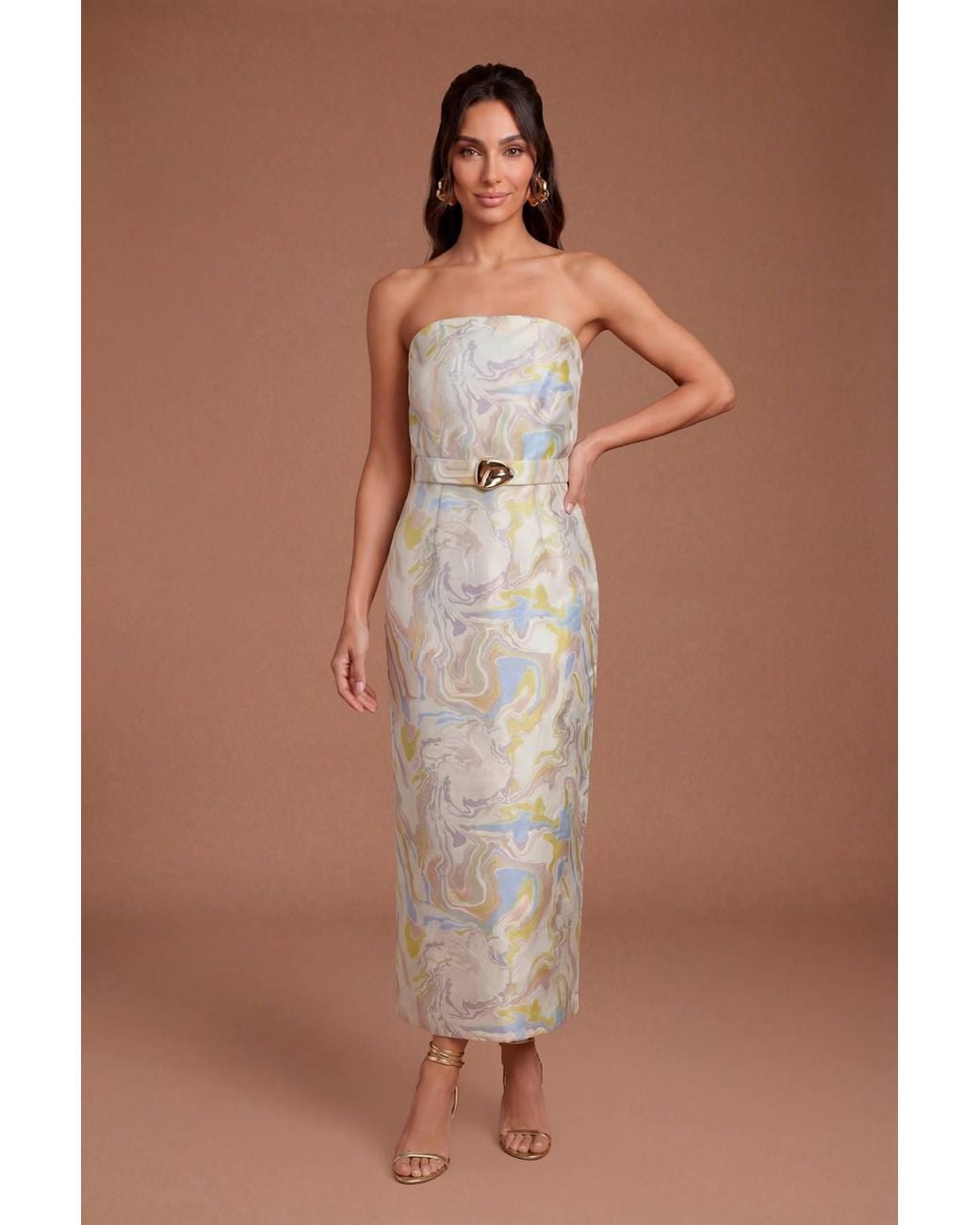 Coast Brown Jacquard Belted Bandeau Pencil Dress