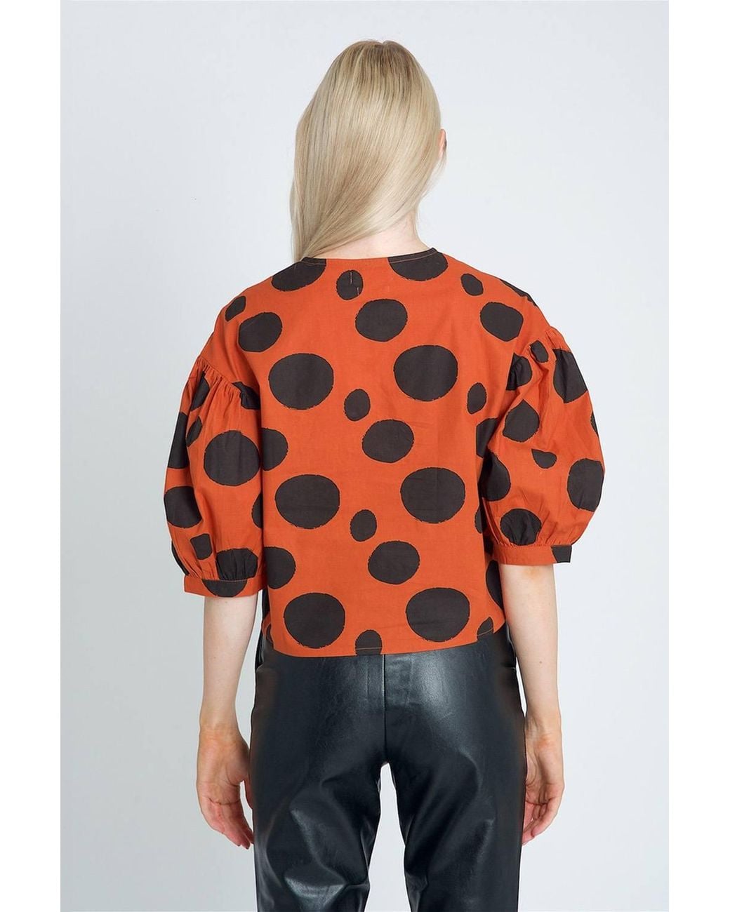 Native Youth Red Polka-Dot Printed Button-Up Puff Sleeve Blouse
