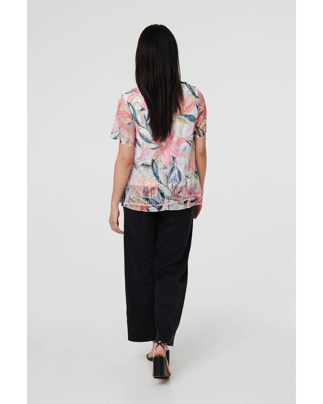 Izabel London White Floral Short Sleeve Mesh Layered Top