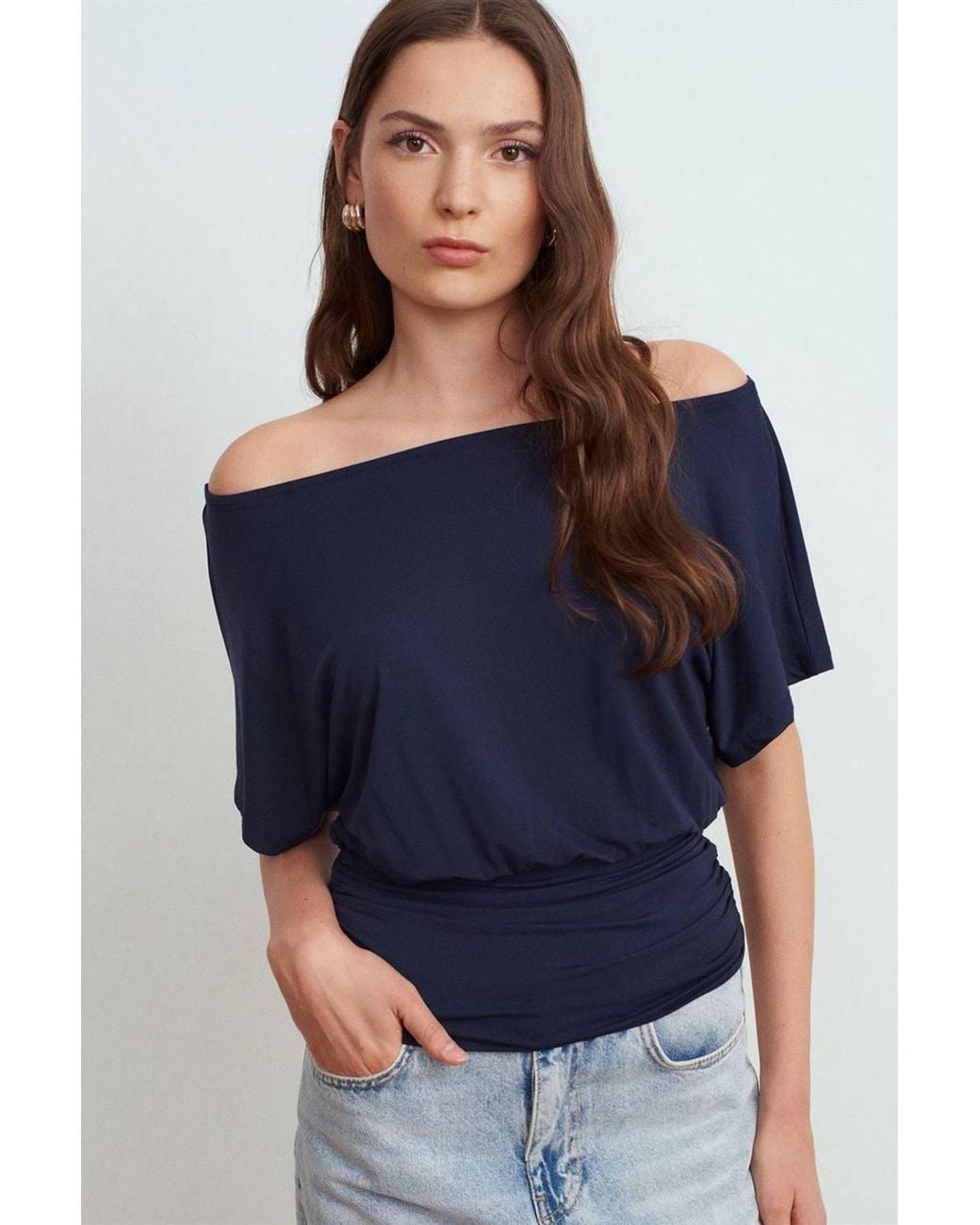 Dilvin Blue Modal Blend Cut-Out Crew Neck Blouse
