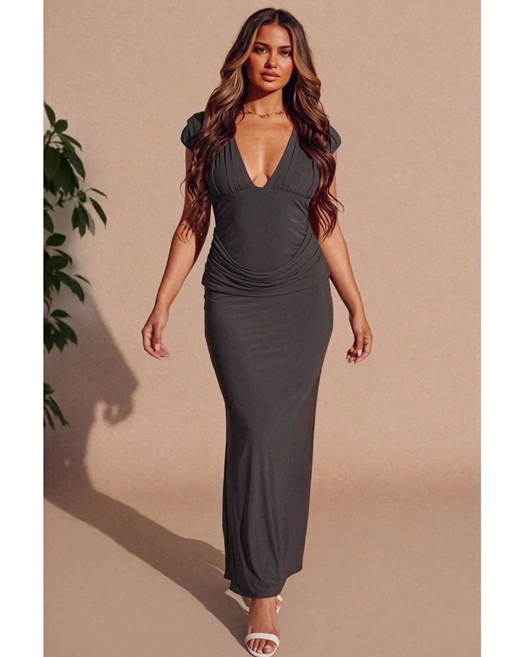 Femme Luxe Natural Slinky Plunge Shoulder Drape Waist Double Layer Maxi Dress