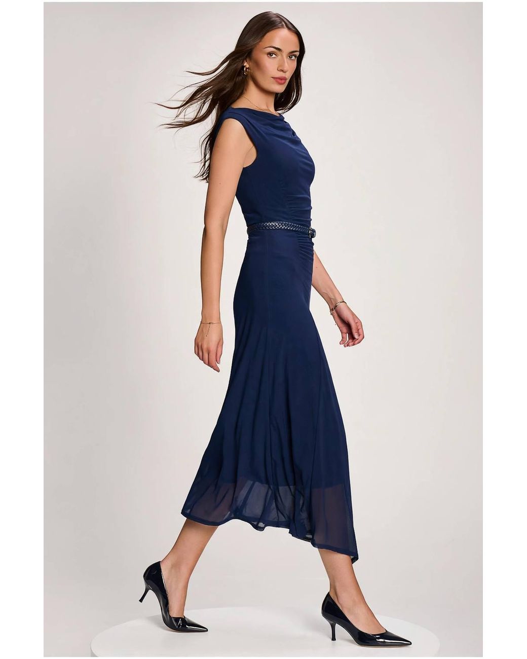 Jolie Moi Blue Asymmetric Draped Mesh Maxi Dress