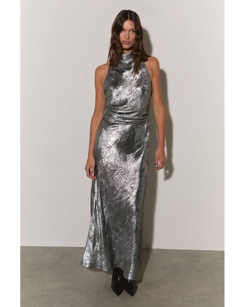 Warehouse Gray Liquid Metallic Lame Draped Maxi Bias Dress