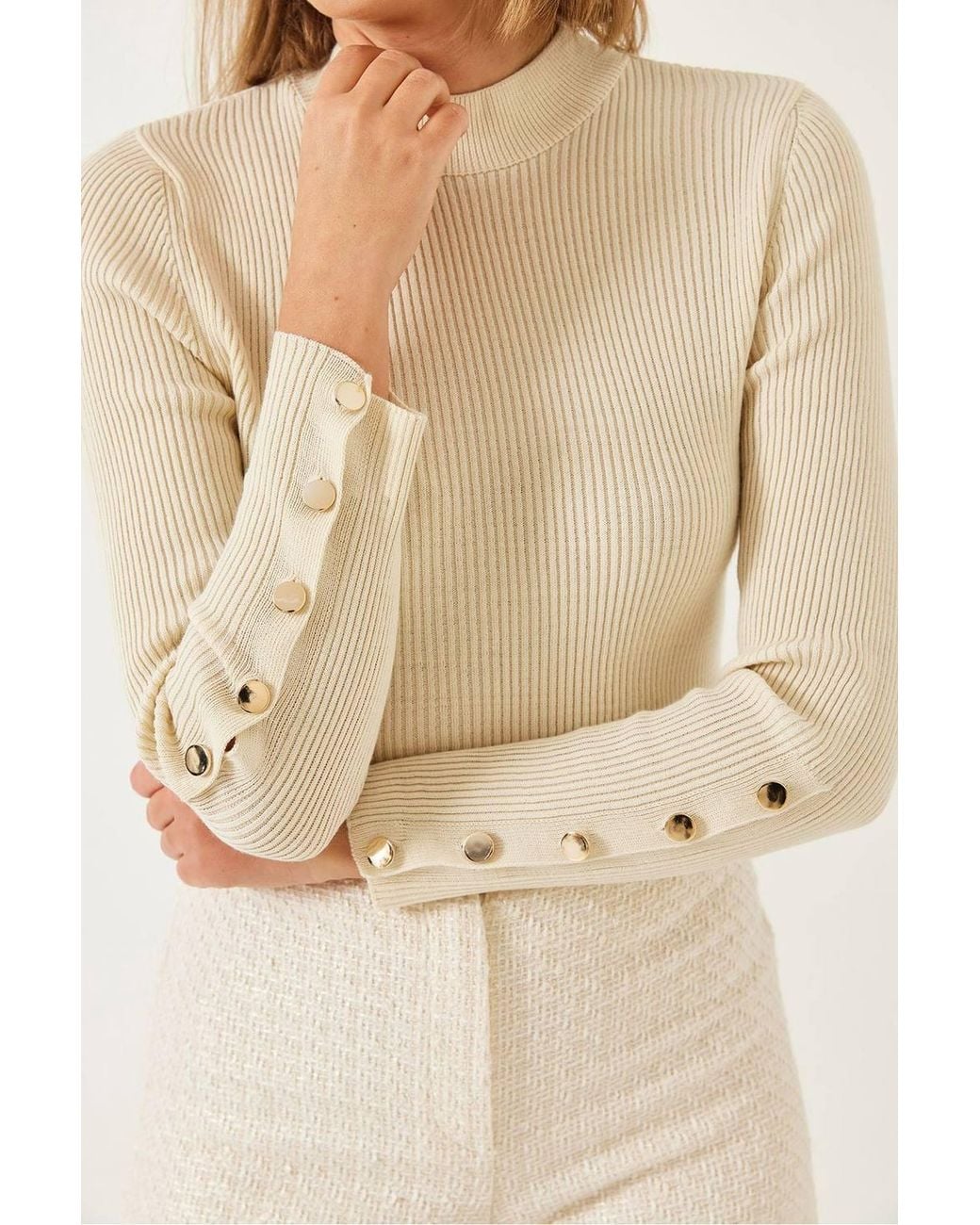Bianco Lucci Natural Textured Knitwear Turtleneck Sweater With Button Cuff