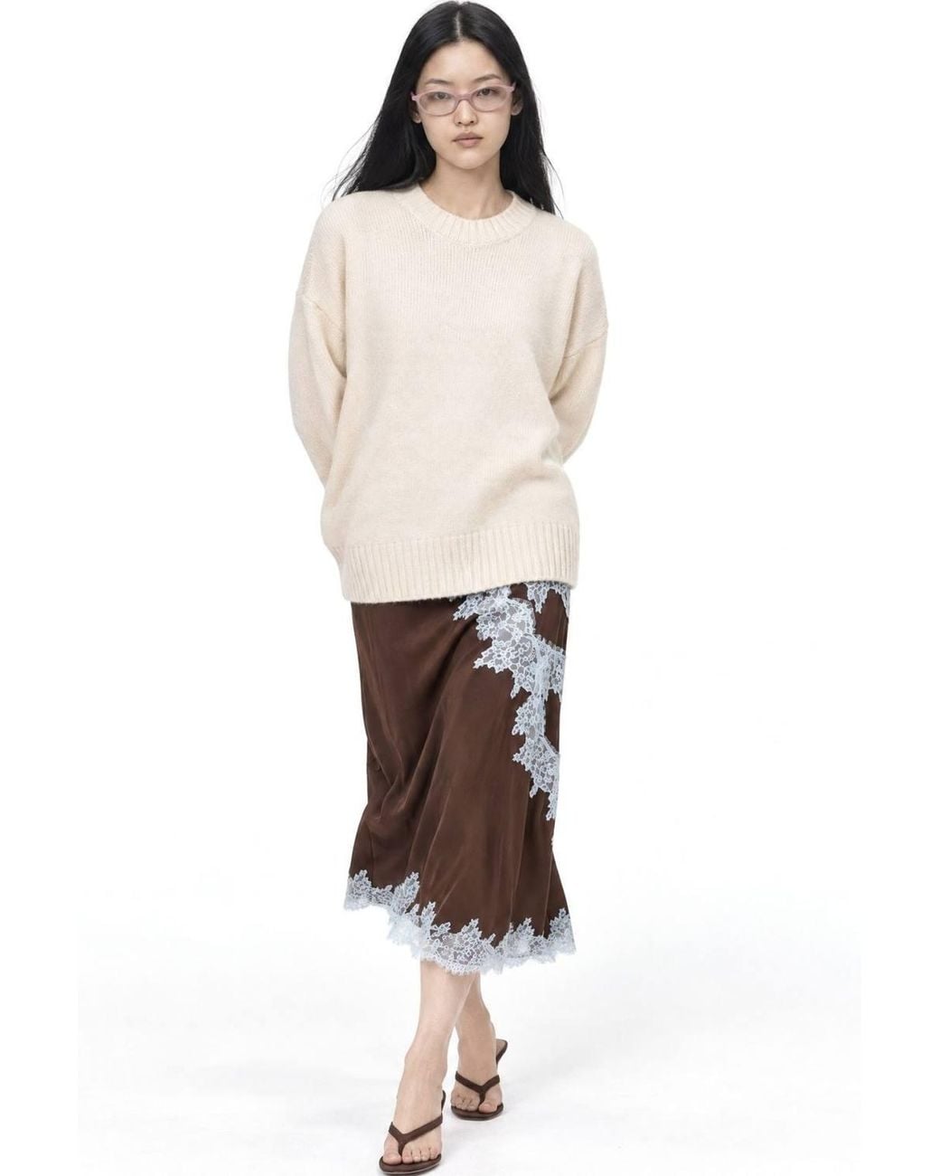 MixRay Natural Oversized Ribbed Knit Sweater With Crew Neck