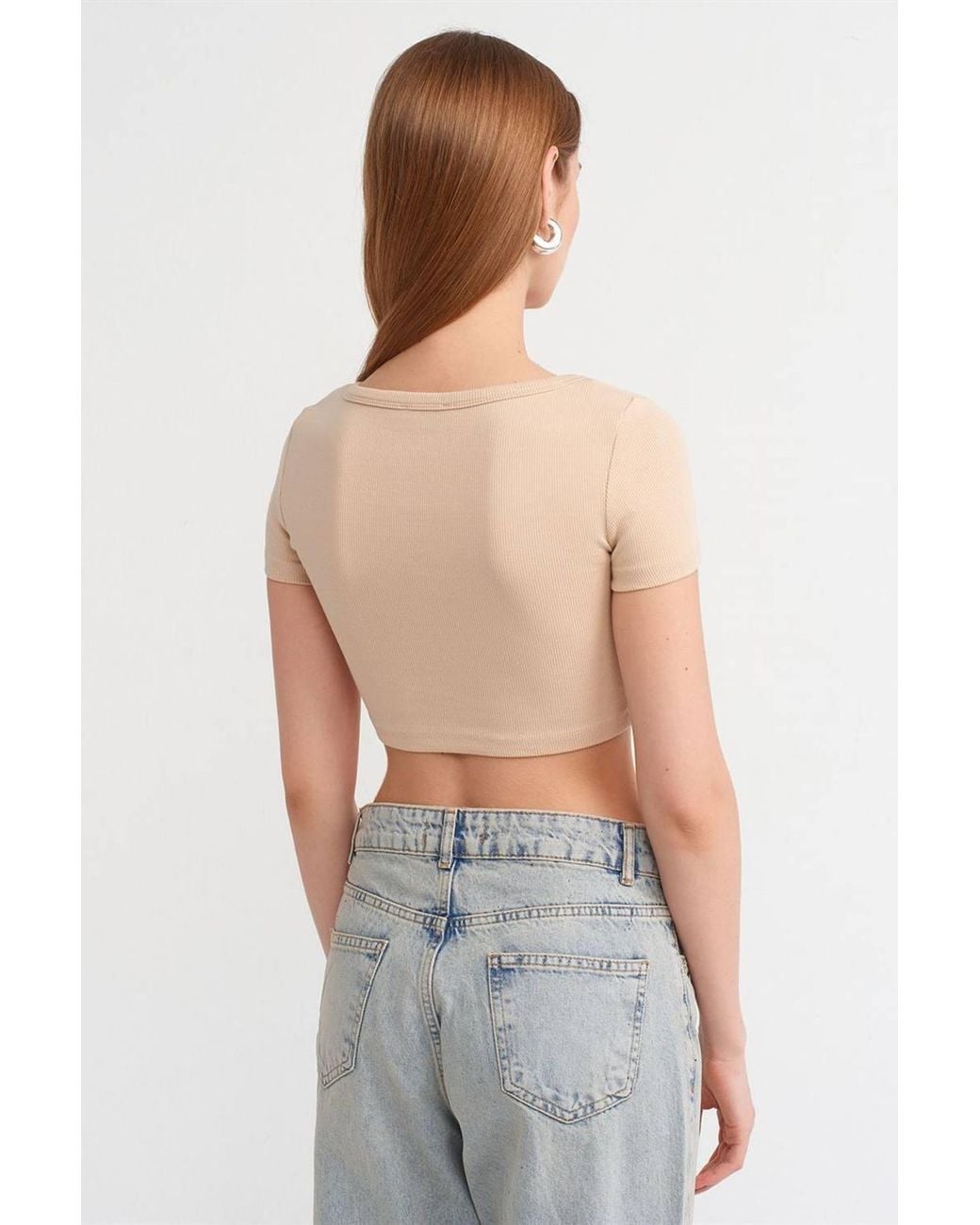 Dilvin Blue Ribbed Crop T-Shirt