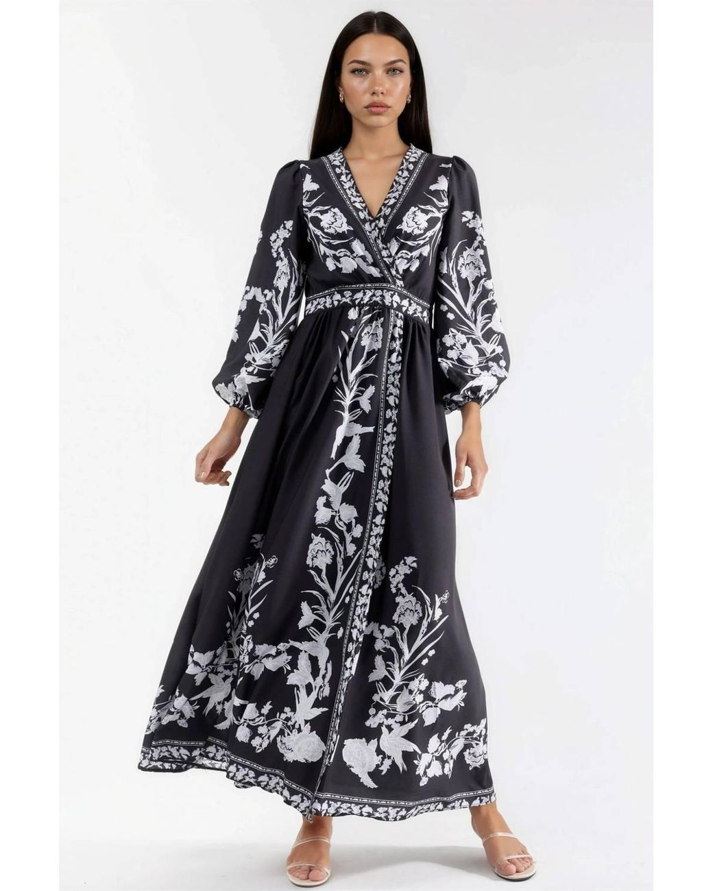 Msn-Collection Blue Floral Maxi Dress With V-Neck & Tie Detail