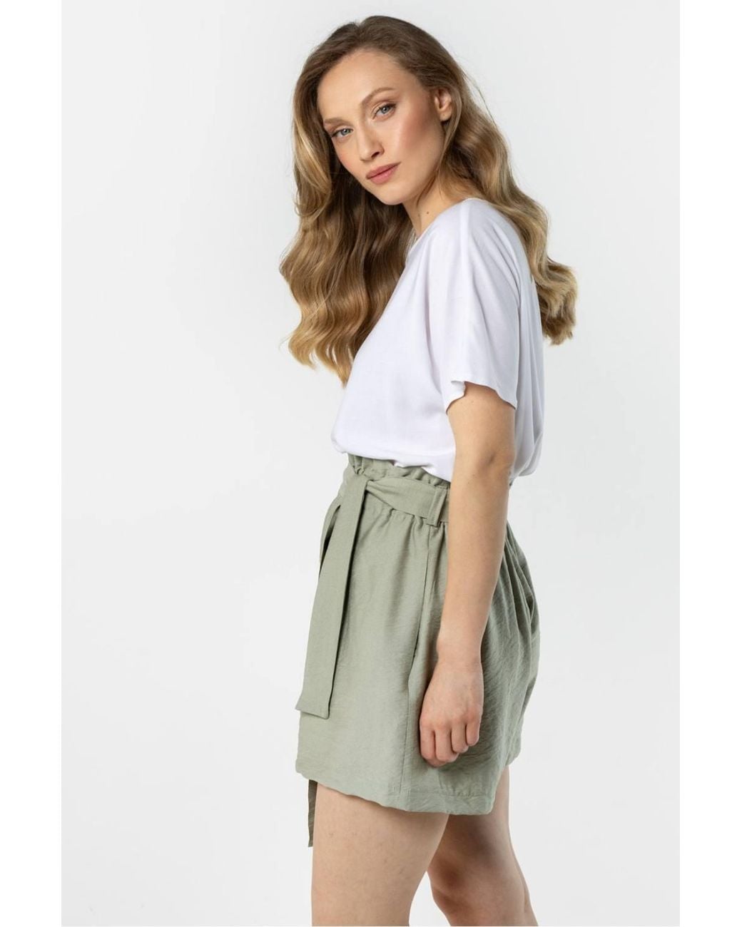Love Lace Green Lightweight High Waisted Pleated Tie Shorts