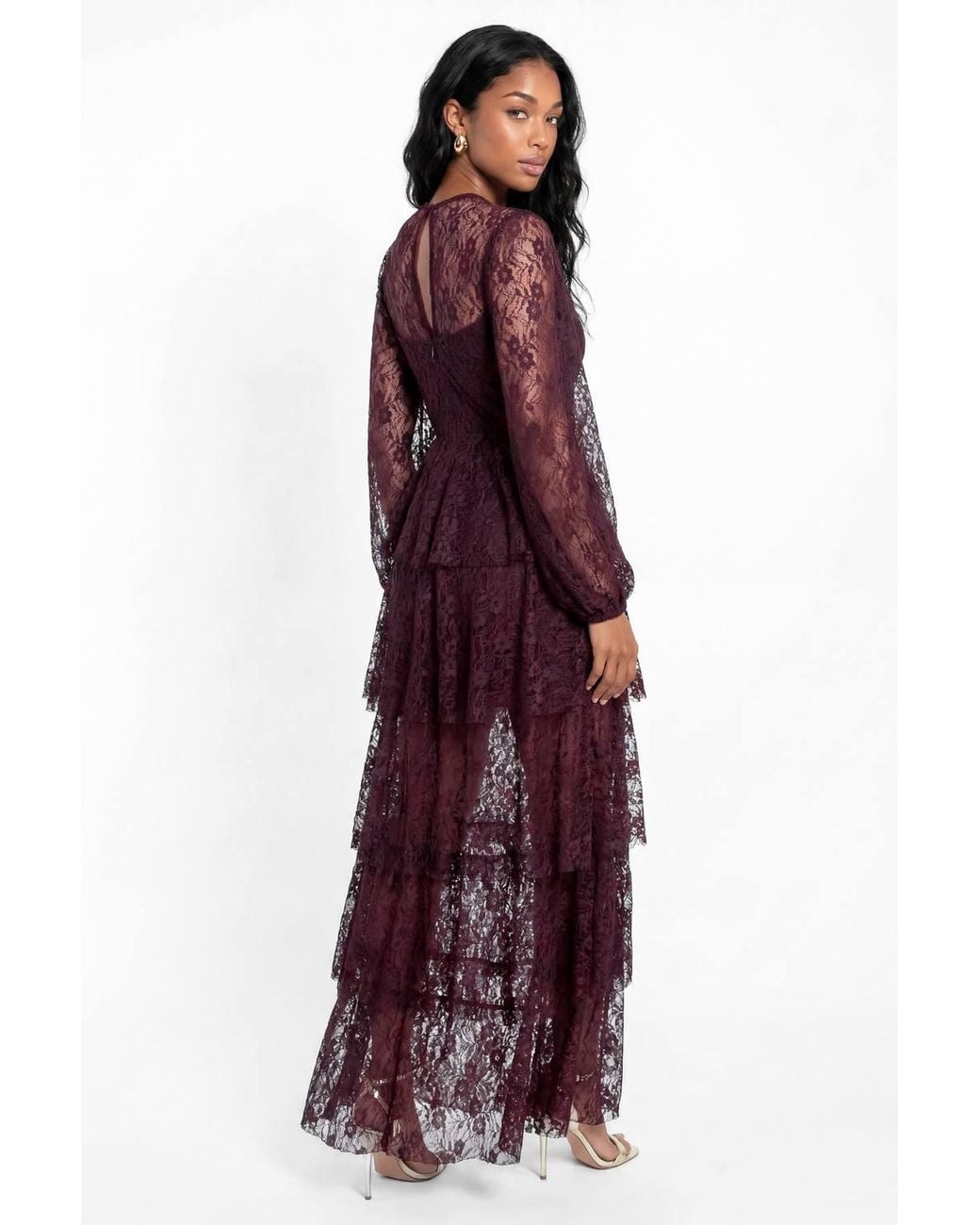 Maya Deluxe Purple Floral Embellished Blouson Sleeve Tiered Lace Maxi Dress