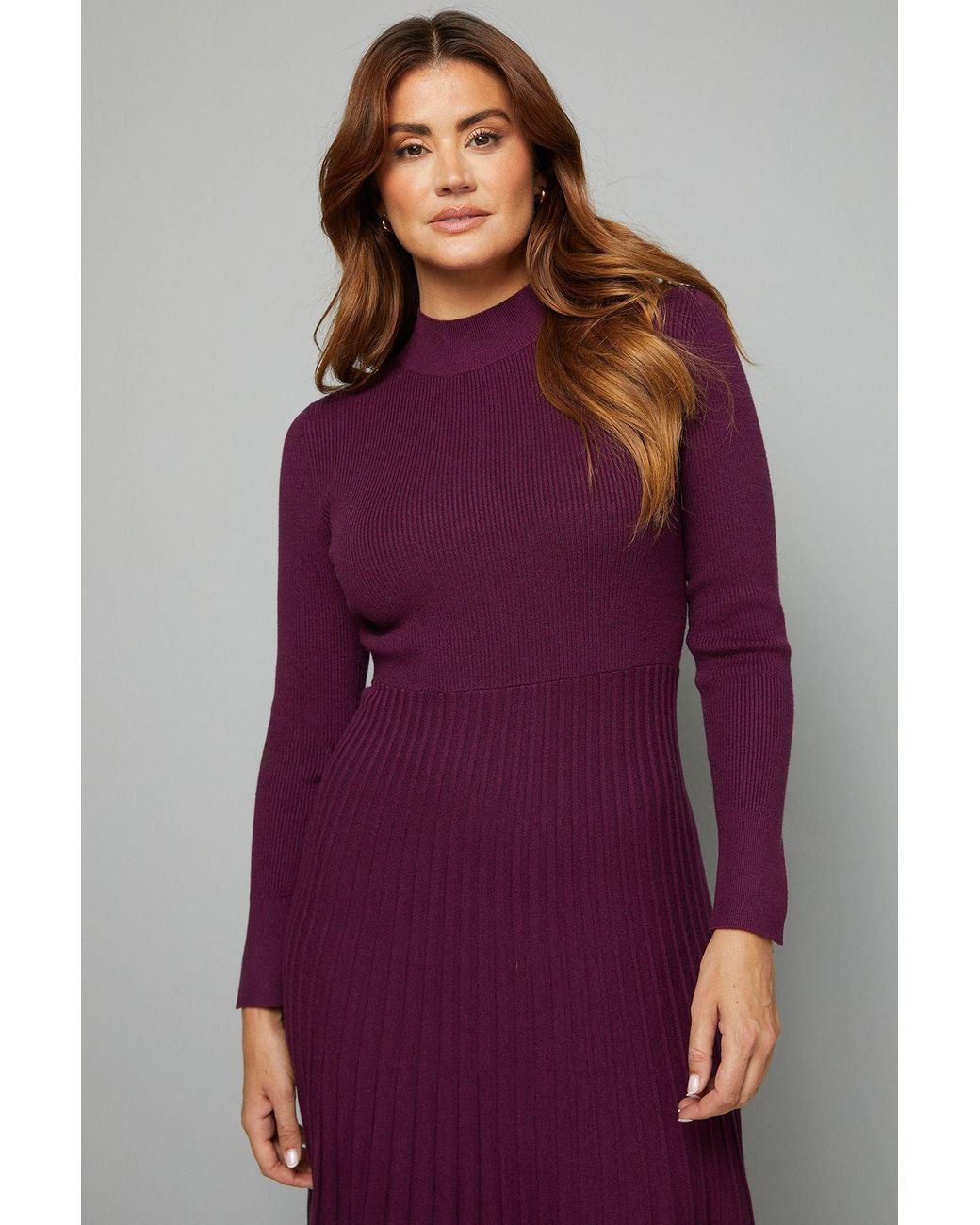 Wallis Purple Button Cuff Detail High Neck Pleated Knitted Midaxi Dress