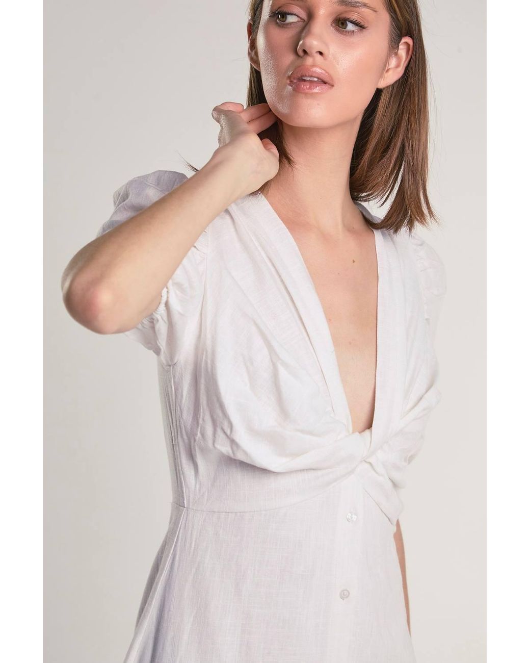 Shnoo Natural Off Button-Front-Twist Midi-Dress