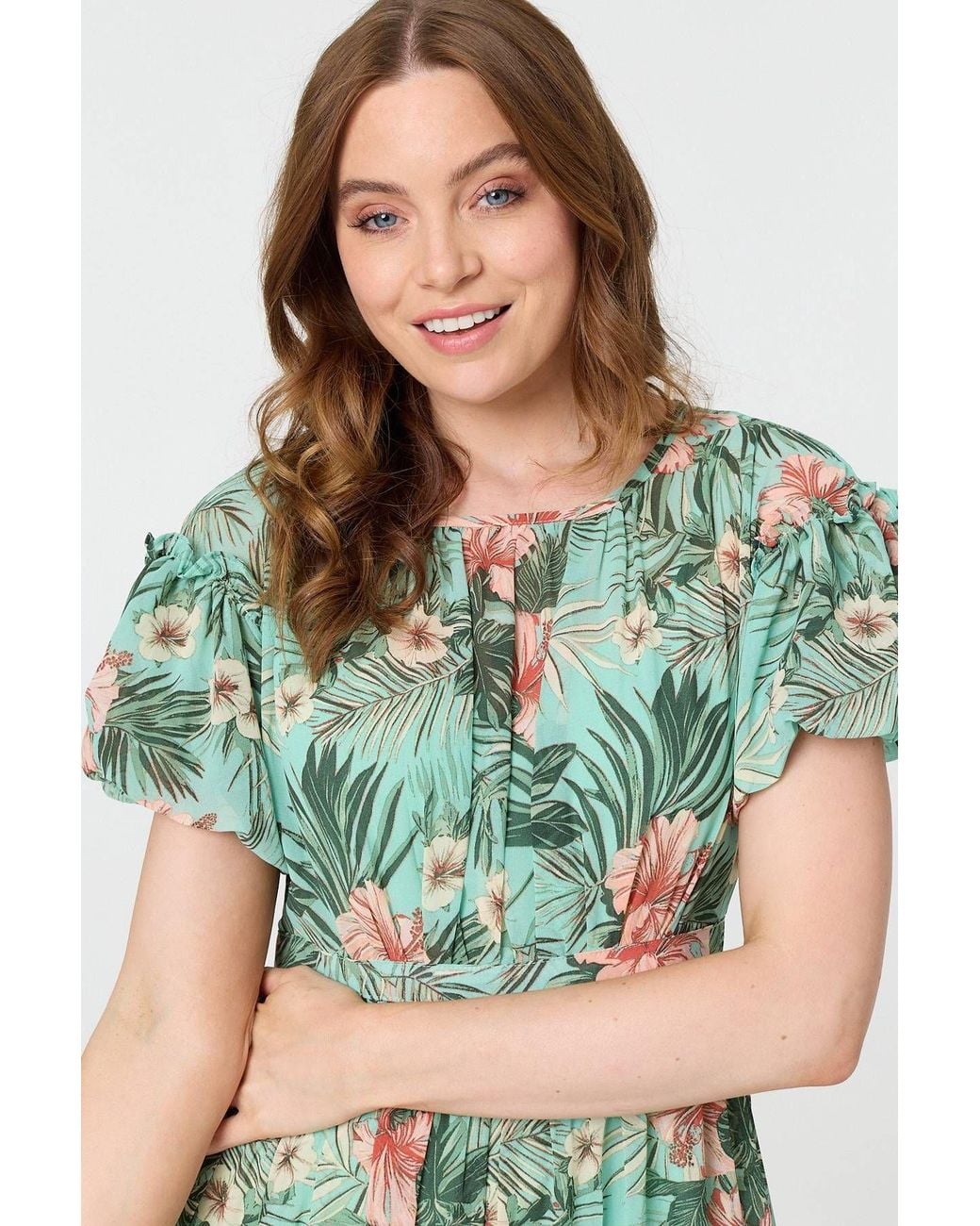 Izabel London Green Tropical Print Frill Tiered Midi Dress