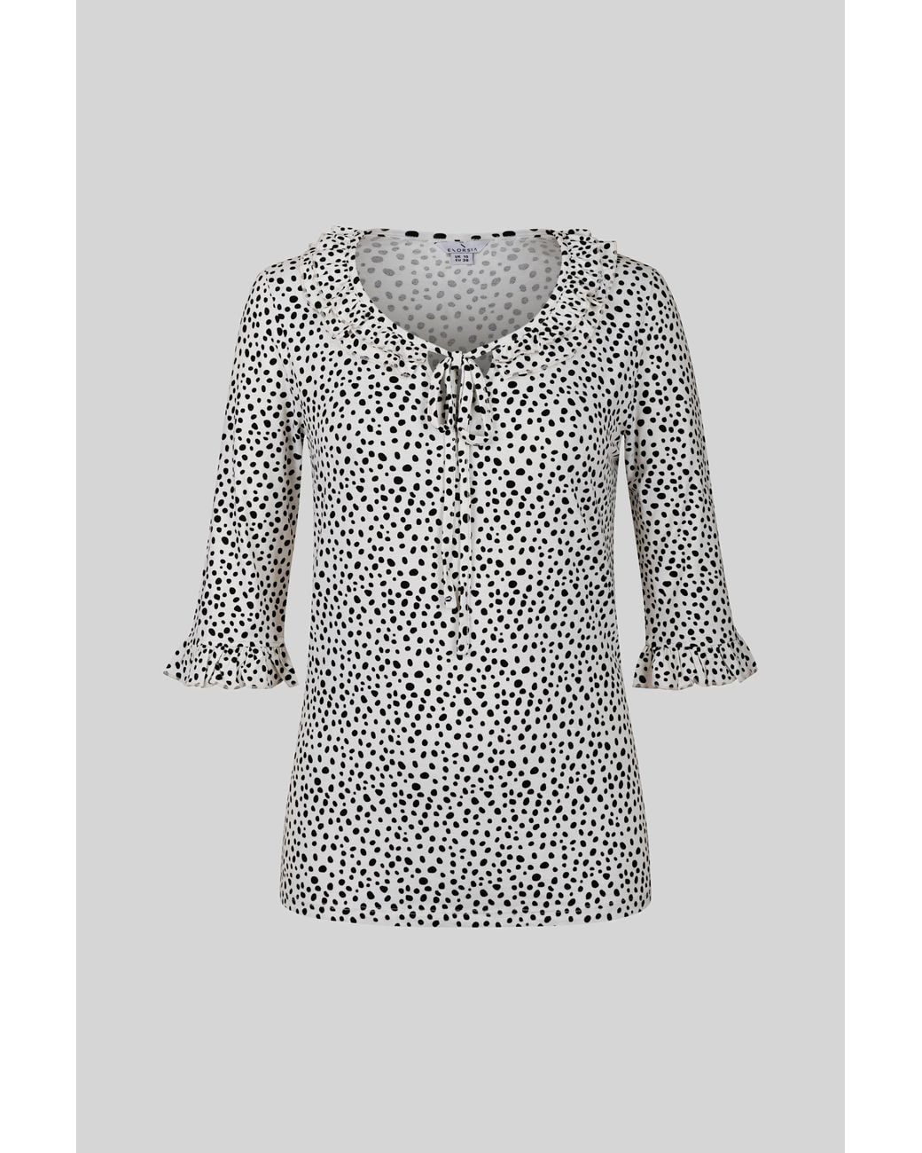 Enorsia Gray Polka Dot Prints Frill Neck Jersey Blouse