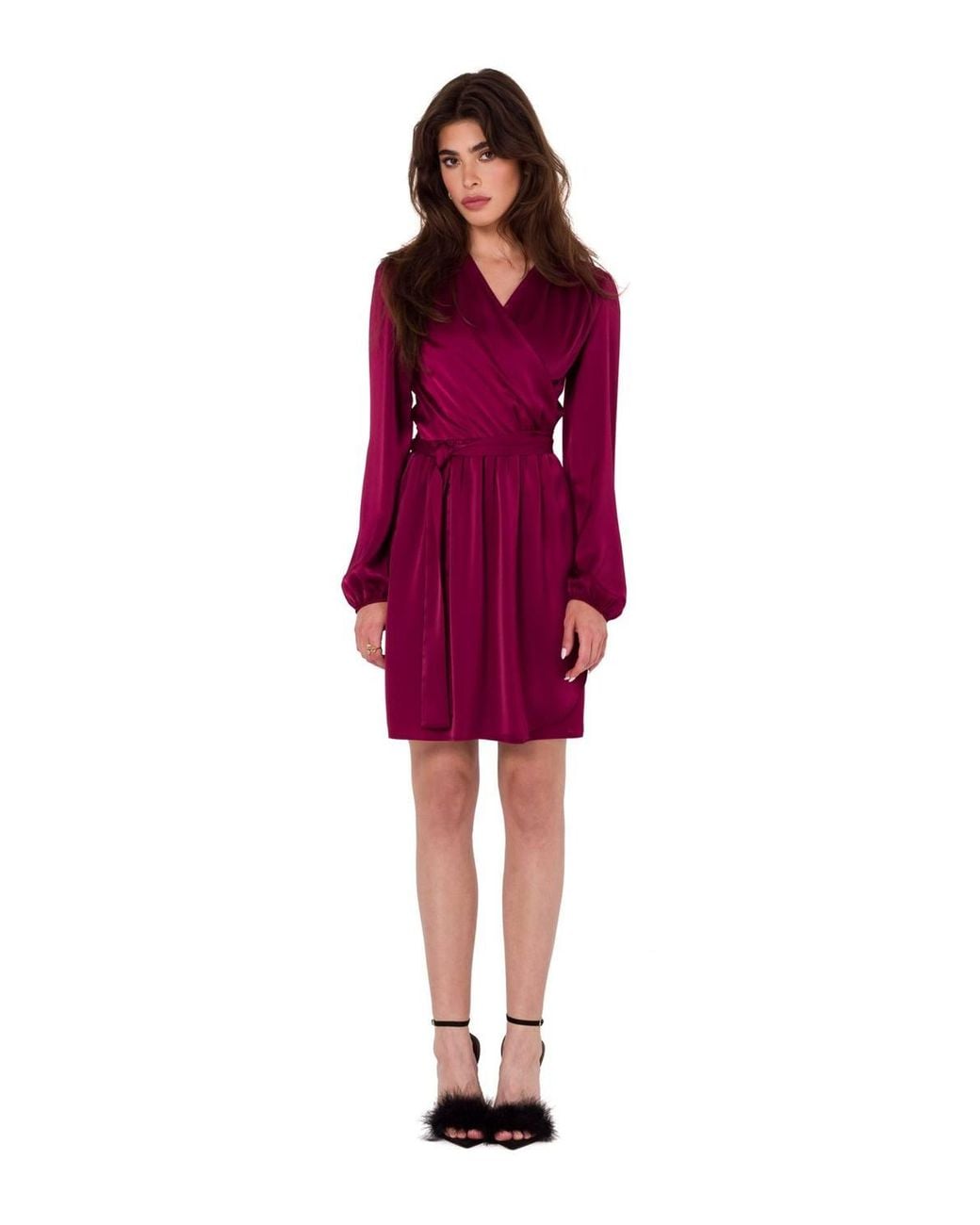 Love Lace Red Evening Satin Long Sleeve Wrap Dress