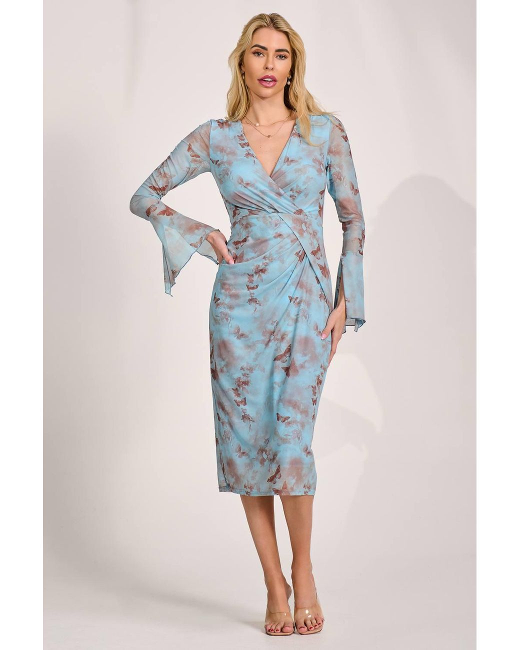 Jolie Moi Blue Long Sleeve Mesh Bodycon Dress