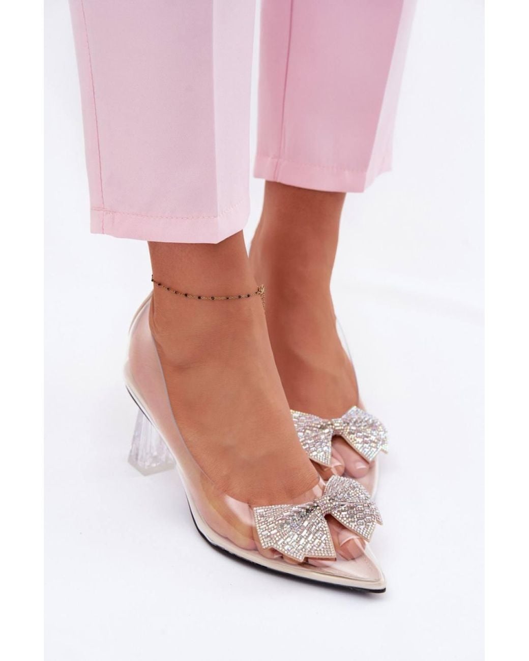 Love Lace Pink Transparent Crystal Bow Pointed Toe Block Heel Pumps Wedding
