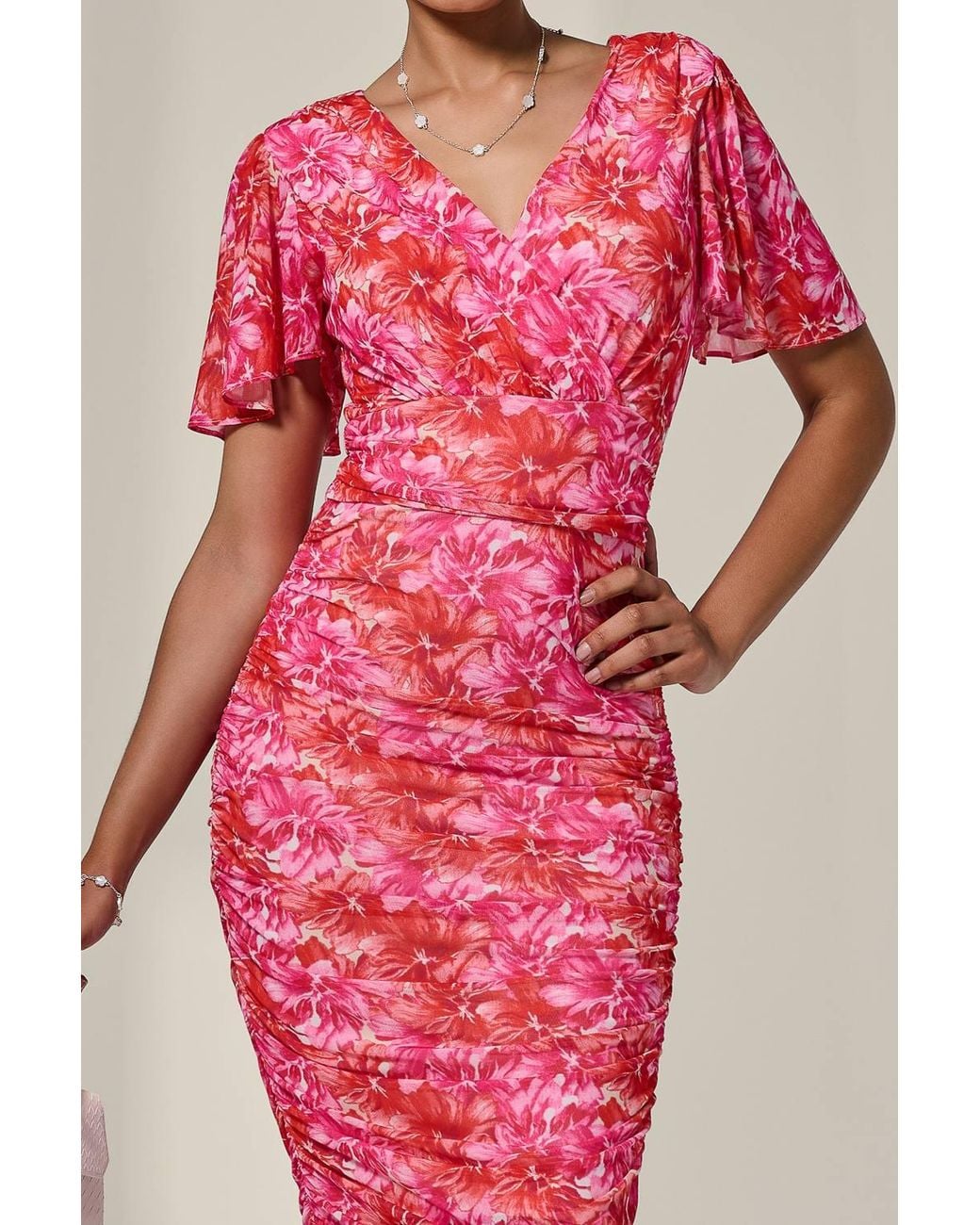 Jolie Moi Pink Angel Sleeved Floral Mesh Bodycon Dress