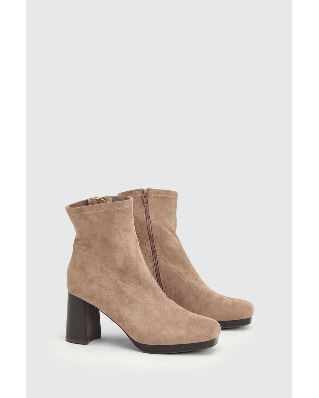 Oasis Natural Elora Faux Suede Stretch Pull On High Block Heel Ankle Boots