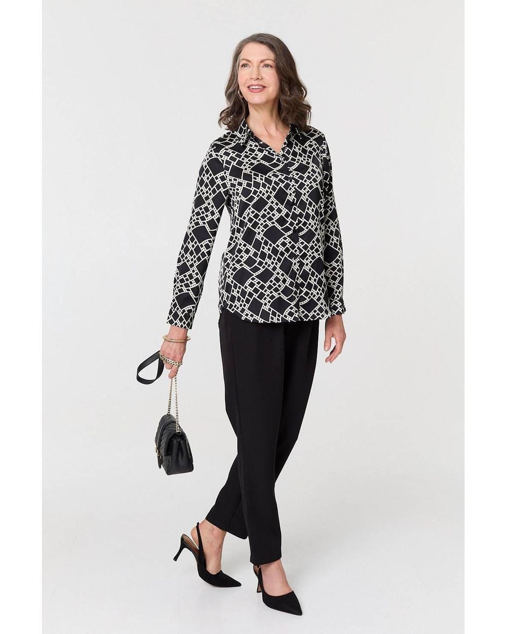 Izabel London Black Geo Print V-Neck Long Sleeve Shirt